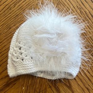 White Crochet baby hat with feathers